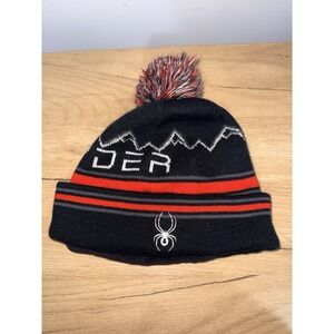 Spyder‎ Skis Beanie Hat Cap OFSM Adult Black  Knit Cuff Pom  Spellout Logo U